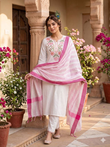 White Floral Embroidered Suit with Dupatta