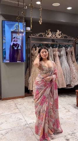 Pink Digital Floral Print, Sequins Embroidery Saree