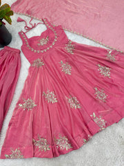 Stunning Maroon Pure Silk Embroidered Gown