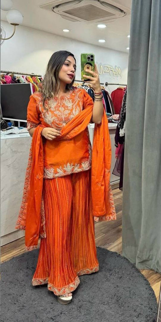 Demanding Chinnon Silk Sequence Work Orange Color Sharara Suit