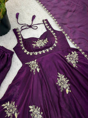 Stunning Maroon Pure Silk Embroidered Gown