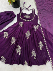 Stunning Maroon Pure Silk Embroidered Gown