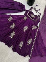 Stunning Maroon Pure Silk Embroidered Gown