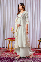 Lovely White Mango Silk with Multi Embroidery Kurti Set