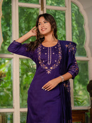 Amazing Violet Marina Silk Multi Embroidery With Hand Work Kurti Set