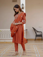 Alluring Rust Pure Viscose Mango Silk Multi Embroidery Work Kurti Set