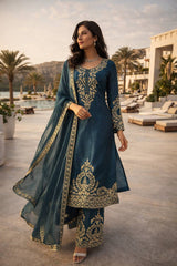 Alluring Blue Jmc Silk Thread Work Plazo Suit