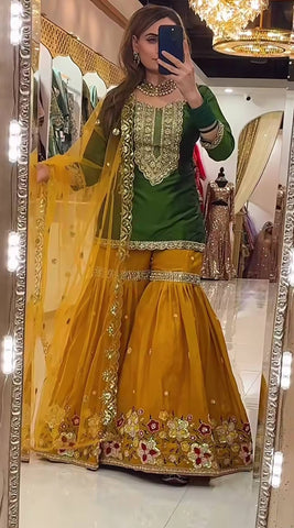 Stunning Green Faux Georgette Silk Embroidery Sharara Suit