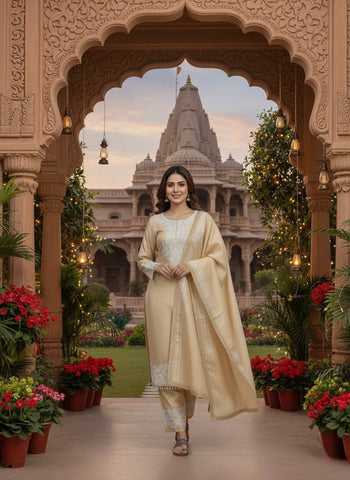 Alluring Beige Banarasi Silk Embroidered Palazzo Suit