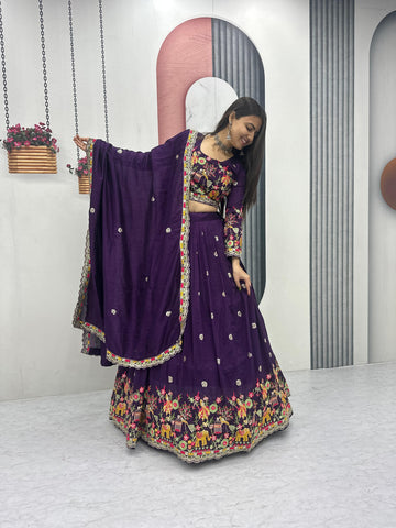 Charming Purple Chinon Embroidery Work Lehenga Choli