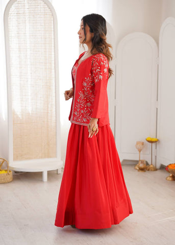 Stunning Red Havy Chinon Silk Plain Lehenga