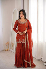 Red Fendy Silk with Sequence Work Sharara Suit