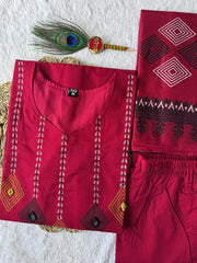 Lovely Maroon Cotton with Mirror Hand Work Kurti Set
