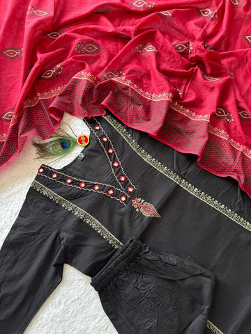 Alluring Red Pure Cotton with Block Work Suit Set