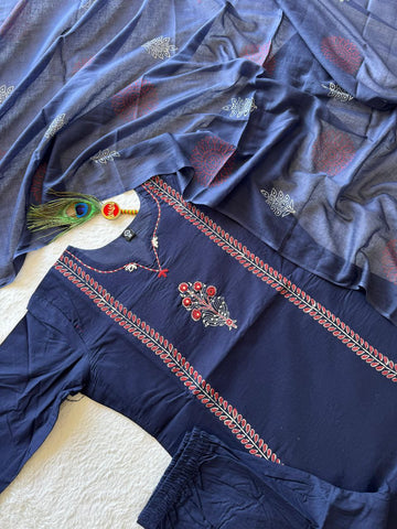 Classic Navy Blue Cotton with Block Work Kurti Set