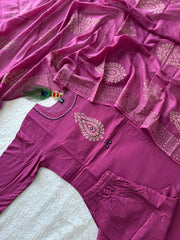 Rani Pink Cotton with Mirror Hand Work Kurti Set