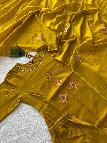 Mustard Cotton with Mirror Hand Work Kurti Set