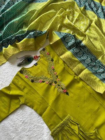 Amazing Green Lichi Silk Jacquard Work Kurti Suit