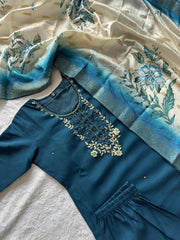 Lovely Blue Premium Roman Silk Hand Work Suit
