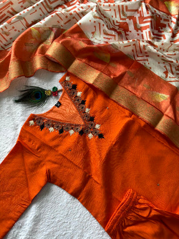 Exclusive Orange Roman Silk with Hand Work Kurti Set