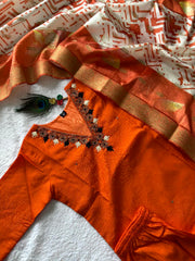 Exclusive Orange Roman Silk with Hand Work Kurti Set