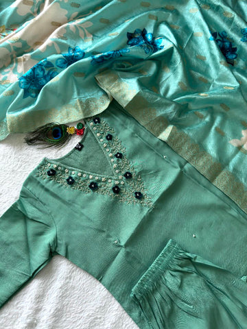 Pista Green V-Neck Floral Embroidered Kurti Set