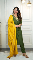 Attractive Green Premium Roman Silk Hand Work Kurti Set