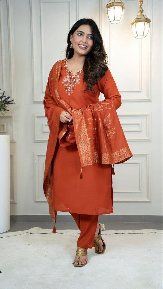 Amazing Rust Color Hand Work Kurti Set