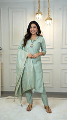 Exclusive Green Jacquard With Hand Work Suit Set