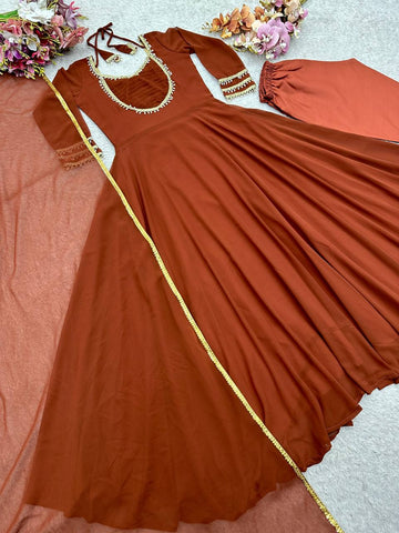Beautiful Brown Fox Georgette Handwork Anarkali Suit
