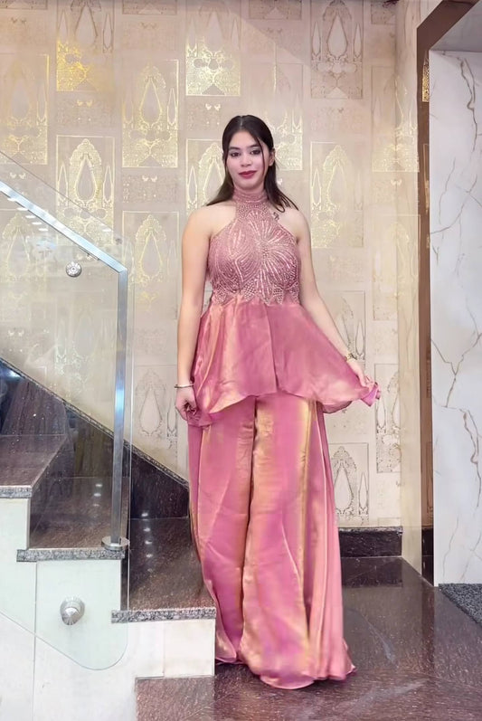 Designer Peach Heavy Fandy Silk Sharara Palazzo Suit