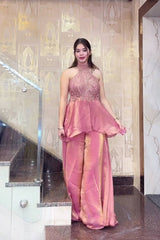 Designer Peach Heavy Fandy Silk Sharara Palazzo Suit