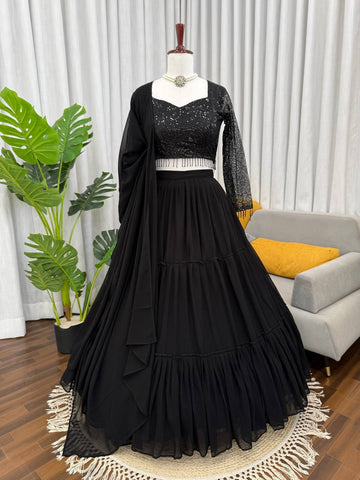 Gorgeous Black Foux Georgette Ruffle Work Lehenga Choli