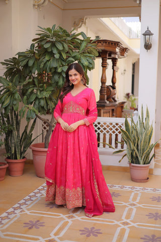 Amazing Pink Russian Silk Embroidery Work Anarkali Suit