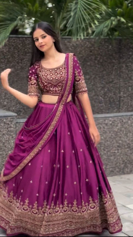 Exclusive Purple Chinon Heavy Embroidery Lehenga Choli