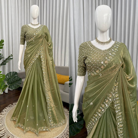Trending Sequence Work Mehndi Green Silk Saree
