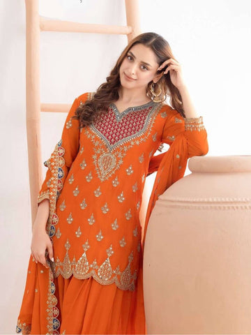 Stylish Chinon Silk Embroidery Work Sharara Suit