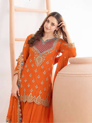 Stylish Chinon Silk Embroidery Work Sharara Suit