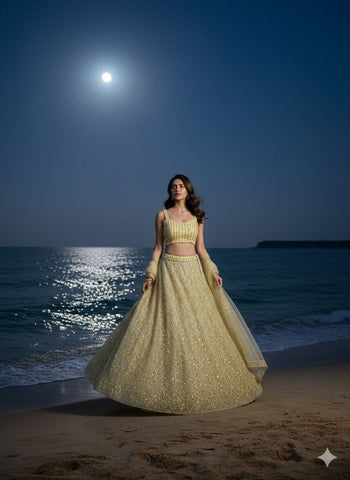 Captivating Yellow Butterfly Net Embroidery Work Lehenga