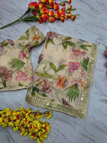 Mesmerizing Cream Silk Print Work Saree