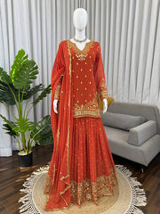 Orange Heavy GeorgetteThread Work Sharara Suit