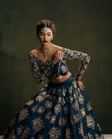 Wedding Navy Blue Polo Silk Zari Work Lehenga Choli