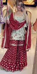 Trendy Red and White Silk with Sequence Work Sharara Suit