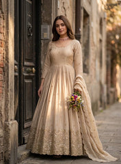 Amazing Beige Pure Cinon Silk with Sequin Work Gown