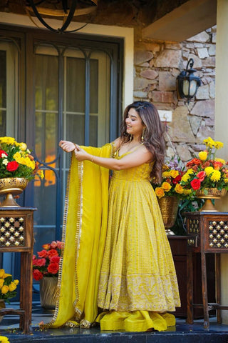 Alluring Yellow Organza with Zari Sequins Work Gown