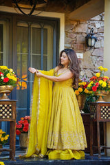 Alluring Yellow Organza with Zari Sequins Work Gown