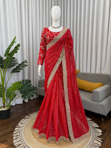 Fabulous Red Faux Blooming with Coding Saree