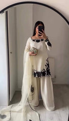 Imposing Cream Fendy Silk Thread Embroidered Kurti Set