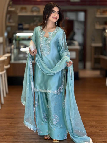 Exclusive Blue Silk Sequence Work Palazzo Suit