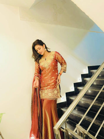 Exclusive Brown Heavy Fandy Silk Embroidery Work Sharara Suit